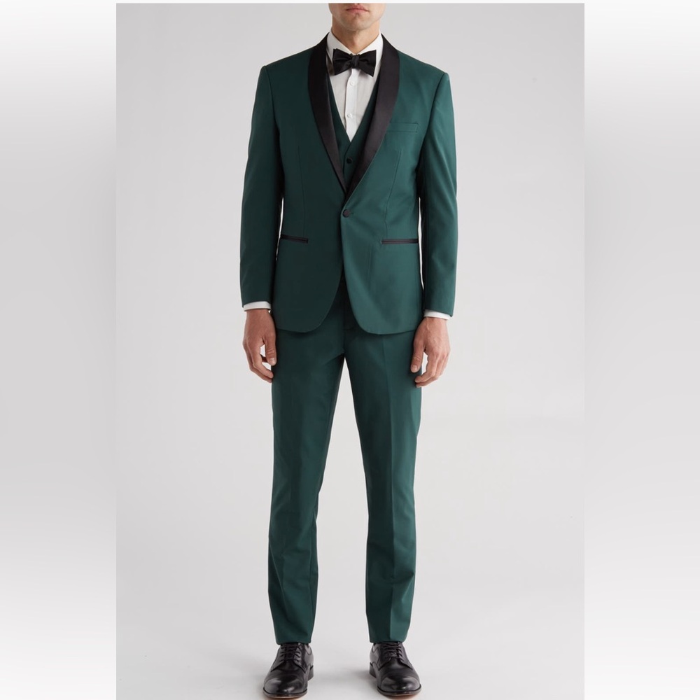 NWT Gino Vitale Satin Lapel 2 piece Slim Tux (no vest), 36R, Hunter Green/blk